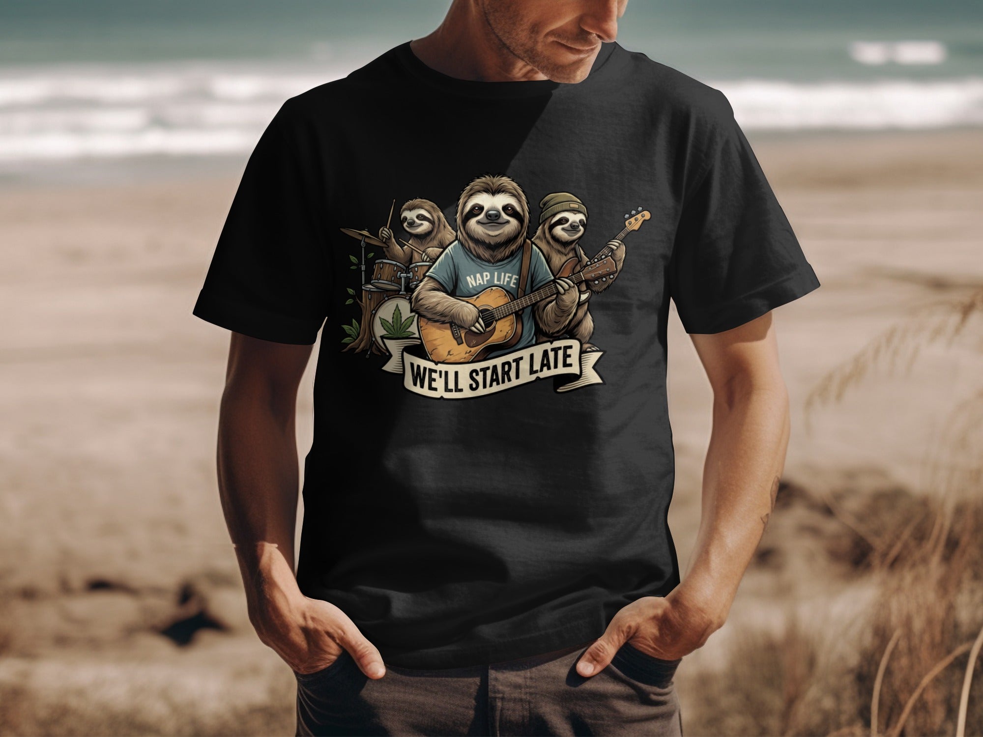 Black t-shirt with three sloths playing music and text "NAP LIFE WE'LL START LATE".