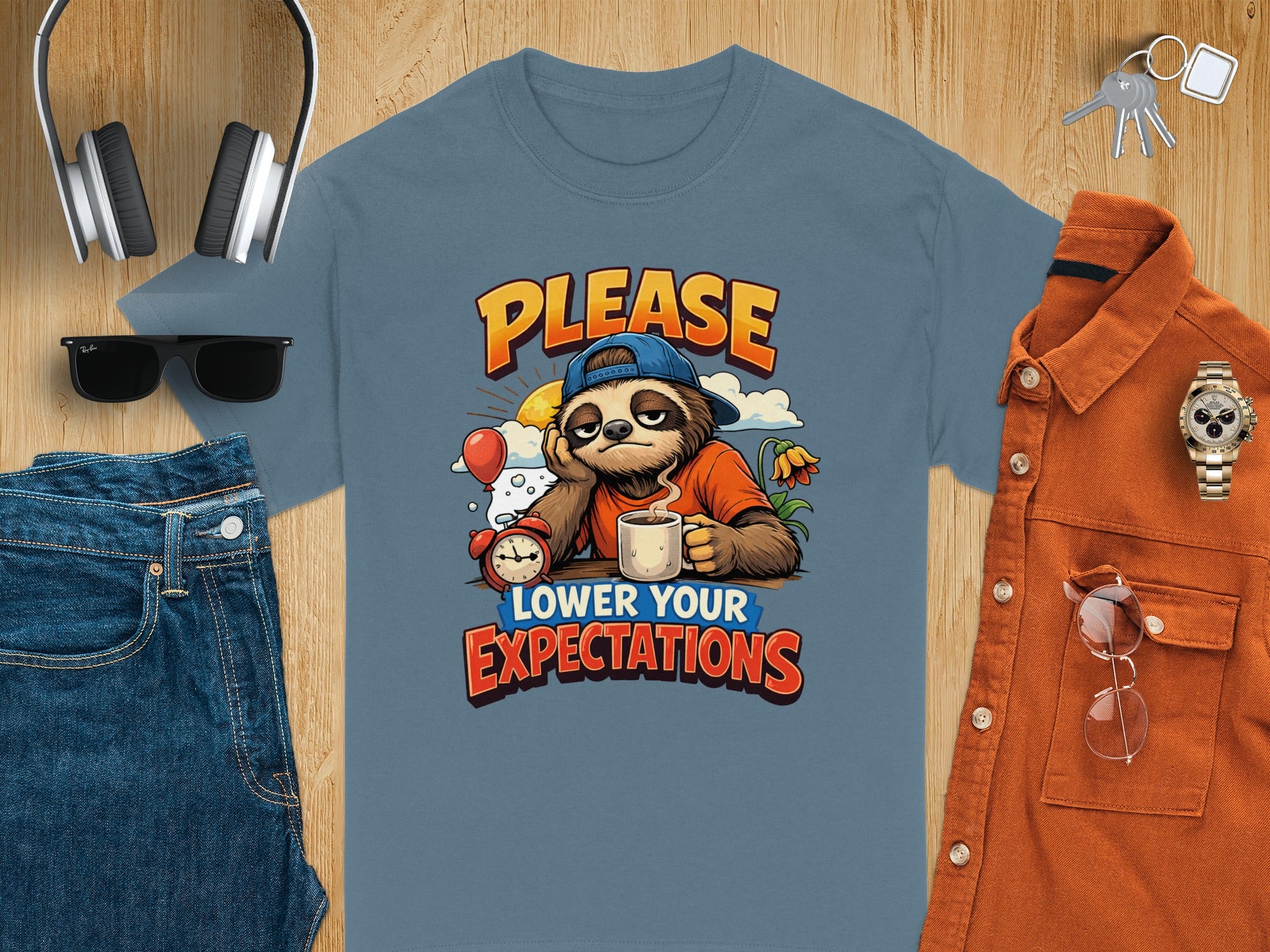 Blue t-shirt with sloth graphic saying "Lower Your Expectations".