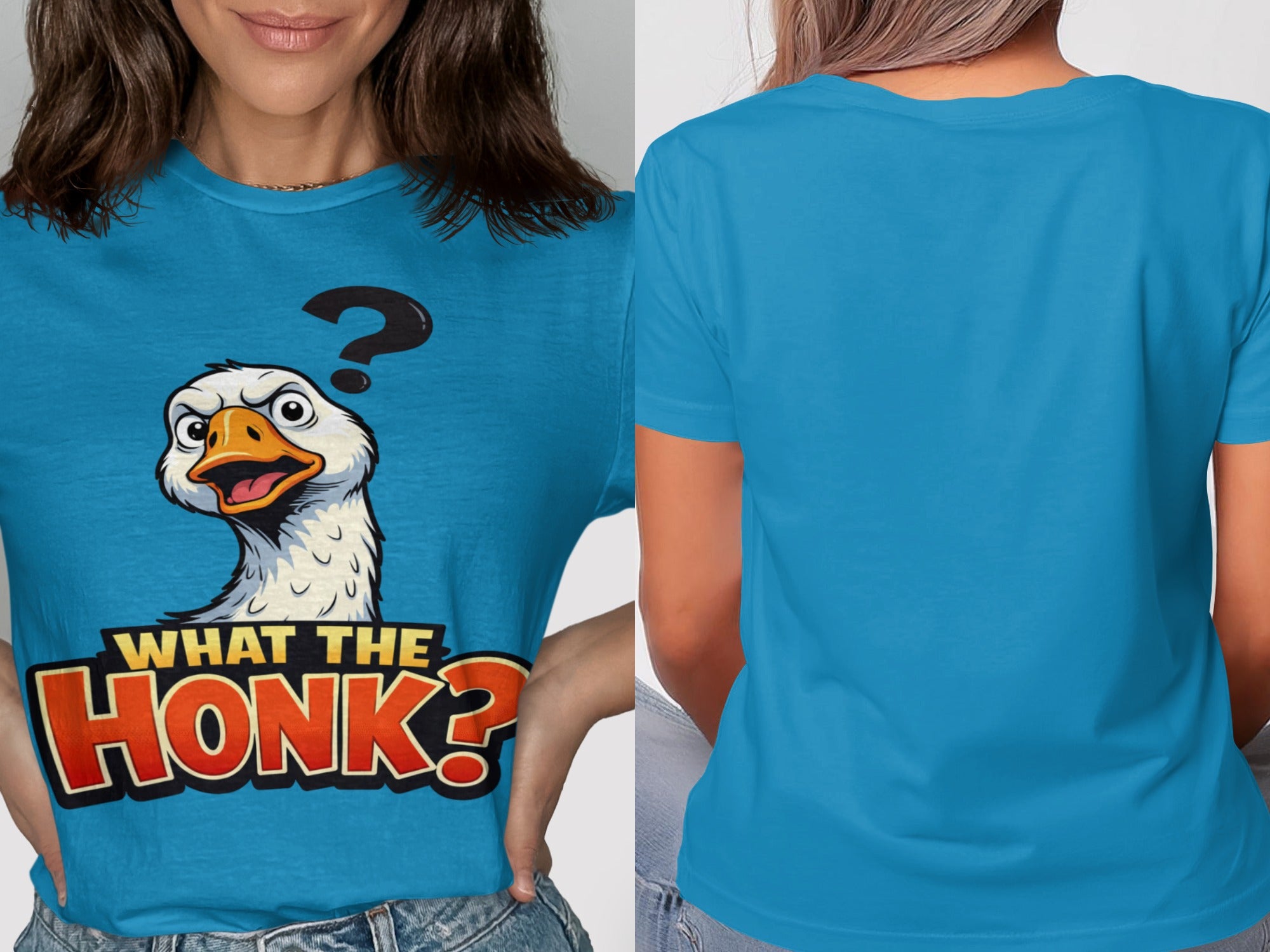 Blue t-shirt with cartoon goose and "What the Honk?" text