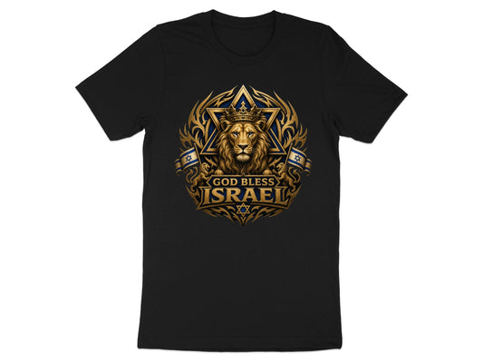 Black t-shirt with a lion wearing a crown, Star of David, and "God Bless Israel" text.