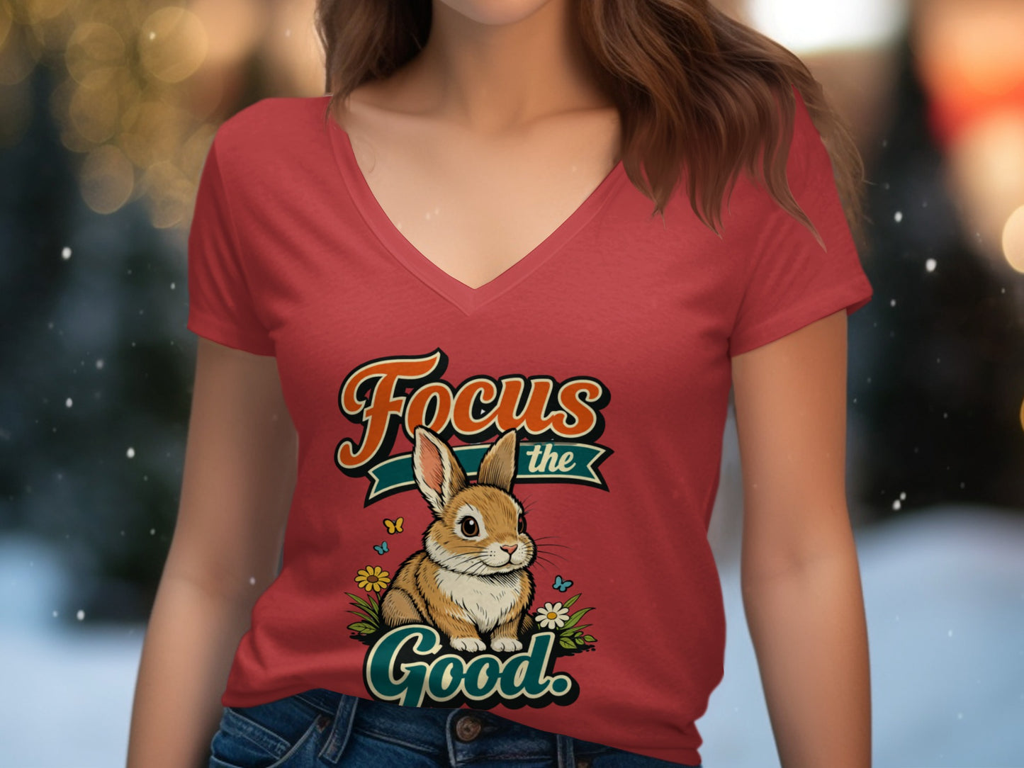 Red v-neck shirt with "Focus the Good" text and a bunny illustration.