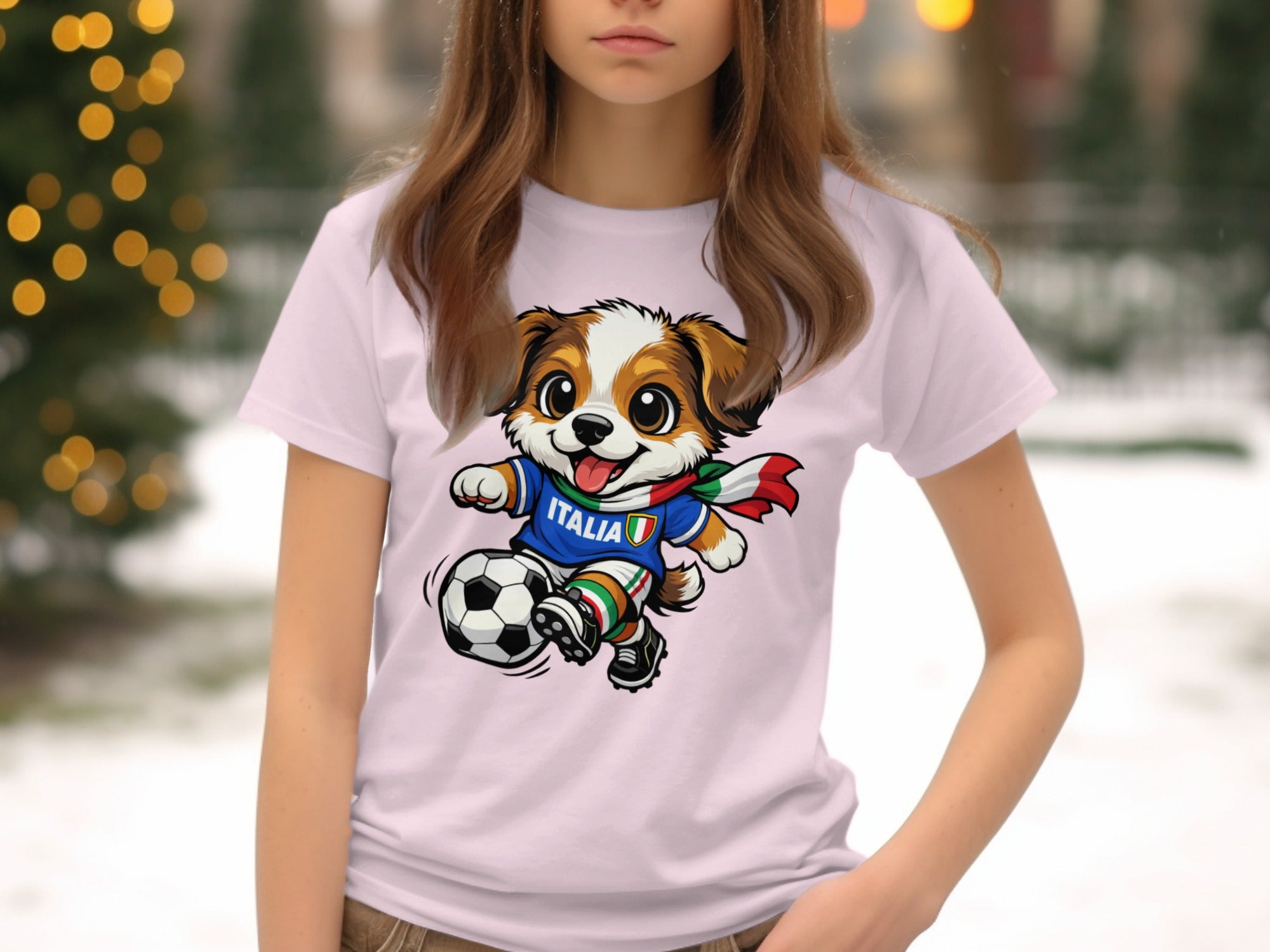 Cartoon dog in Italy jersey playing soccer with a scarf and festive background.