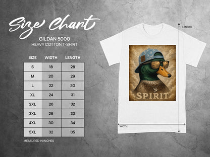 Gildan 5000 size chart with duck graphic and apparel measurements.