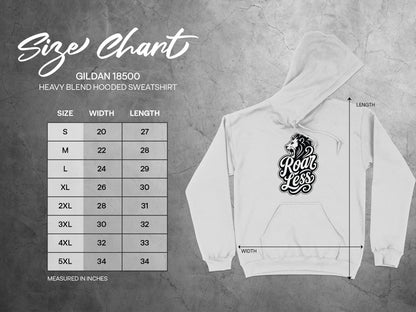 Gildan 18500 Heavy Blend Hooded Sweatshirt size chart with width and length measurements in inches.