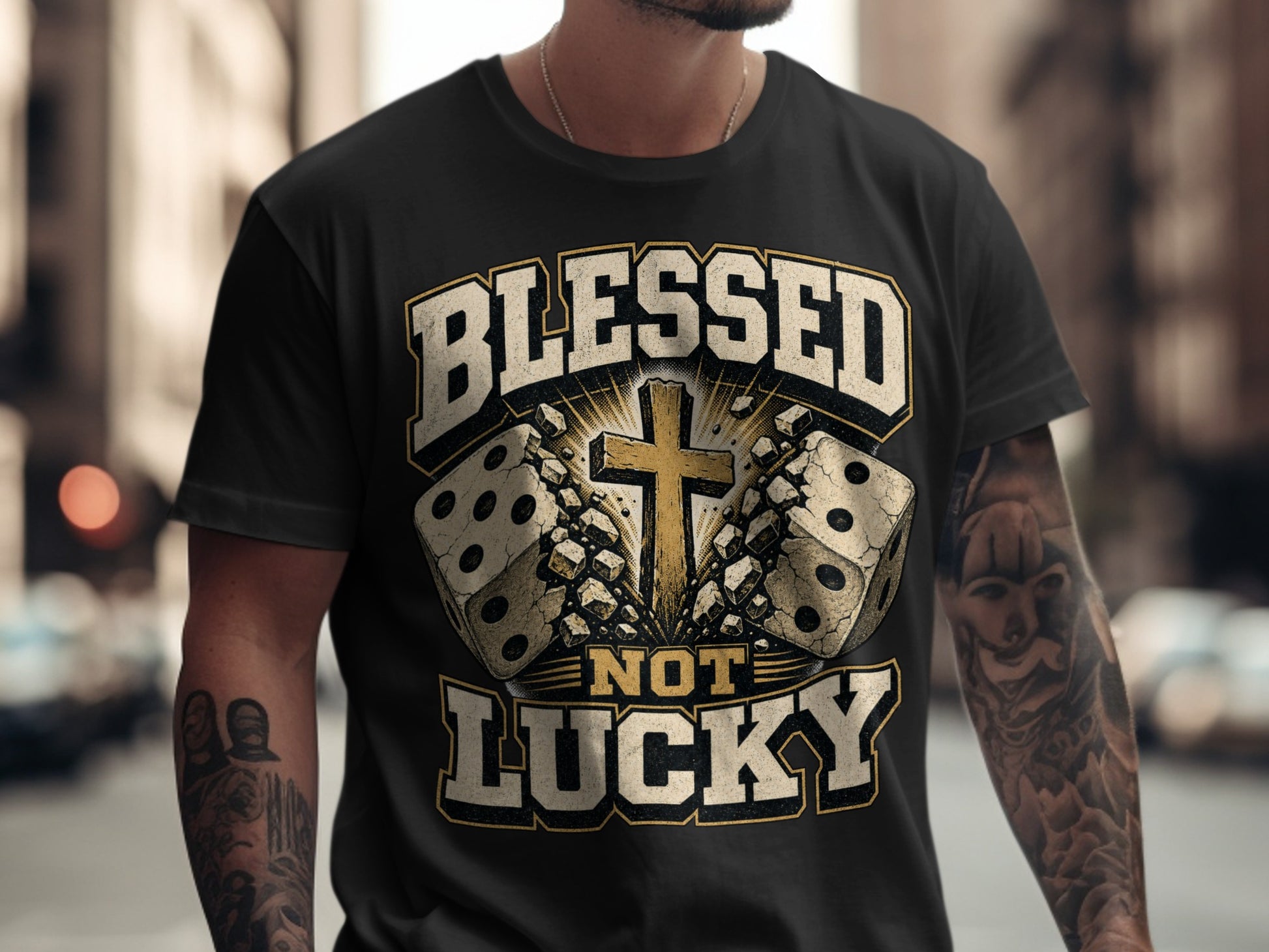 Black t-shirt with "Blessed Not Lucky" text and dice graphics.