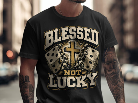 Black t-shirt with "Blessed Not Lucky" text and dice graphics.