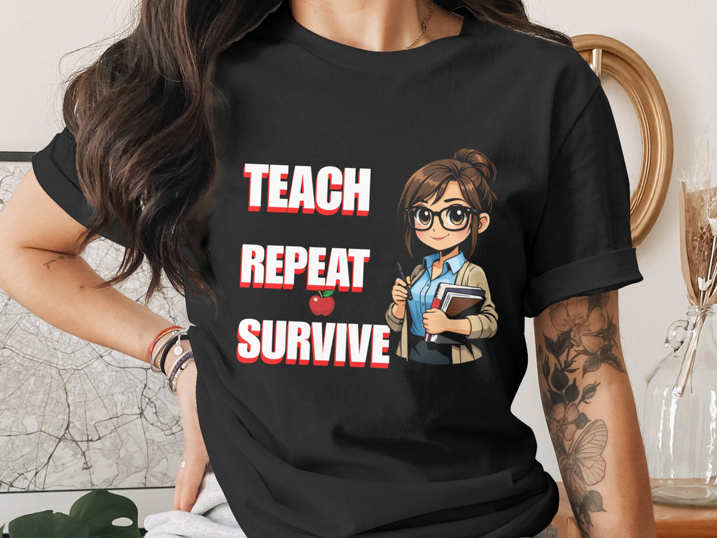 Black t-shirt with "TEACH REPEAT SURVIVE" text and cartoon teacher graphic.