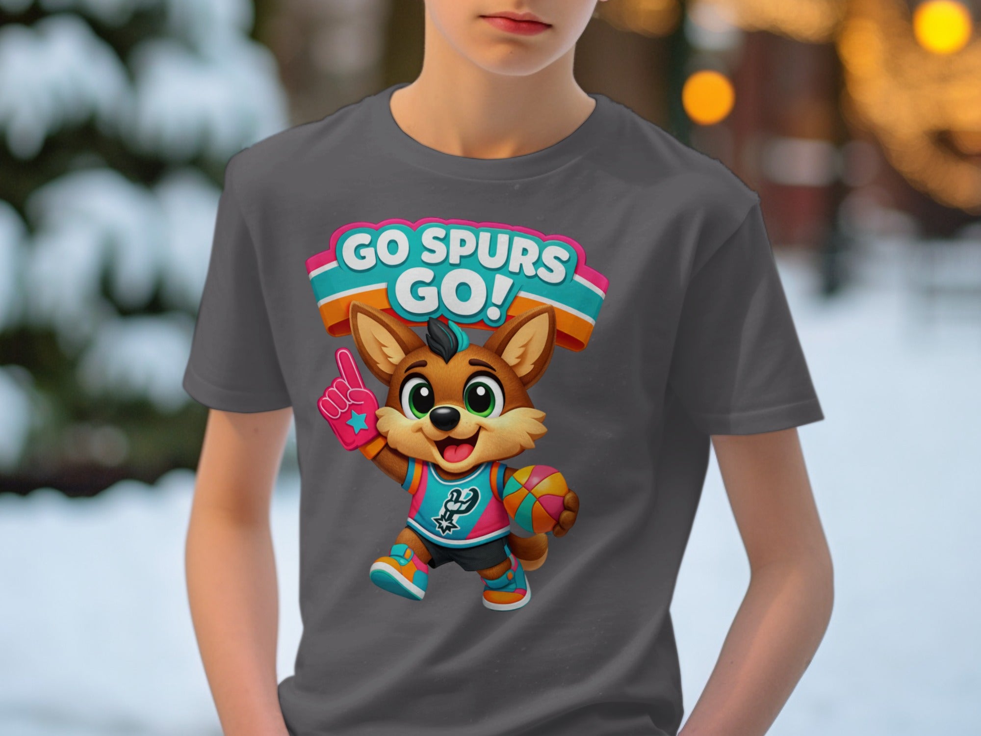 Cartoon fox mascot wearing a basketball uniform and holding a ball with "GO SPURS GO!" text.