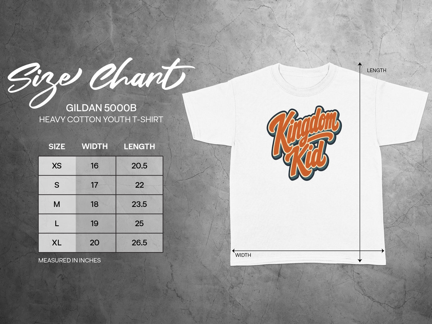 Gildan 5000B youth t-shirt size chart with width and length measurements.