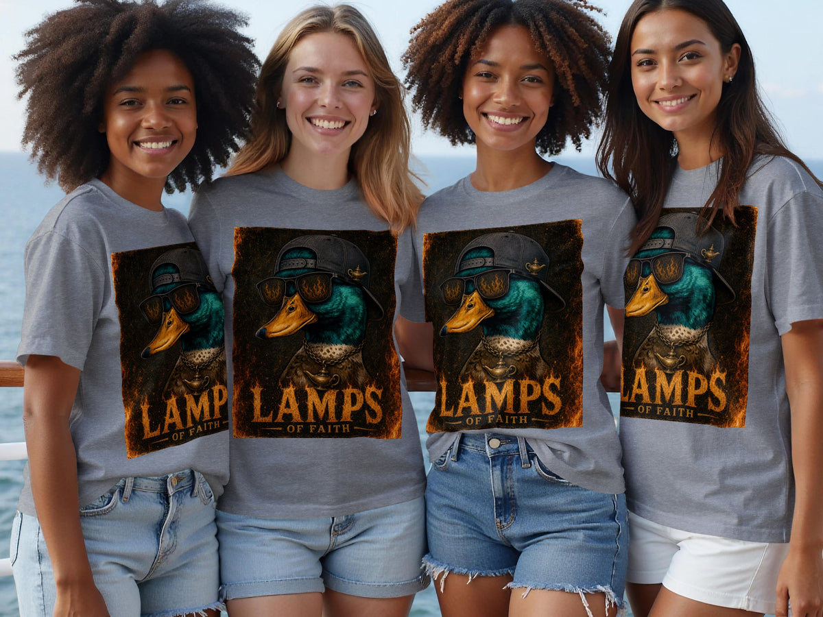 Four women wear gray t-shirts with a "Lamps of Faith" graphic featuring a duck.