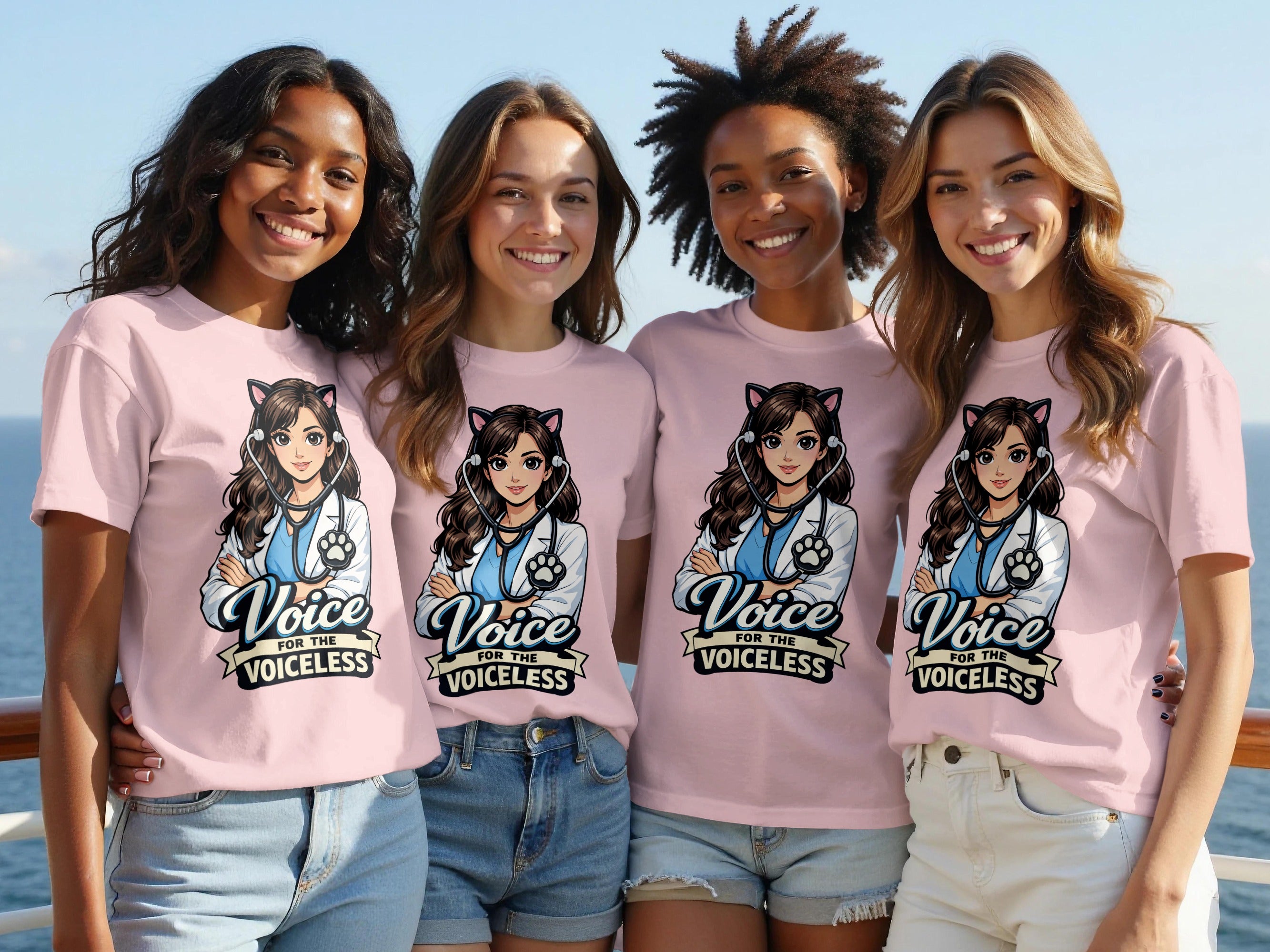 Four women in pink t-shirts featuring a cartoon vet with cat ears and the text "Voice for the Voiceless."