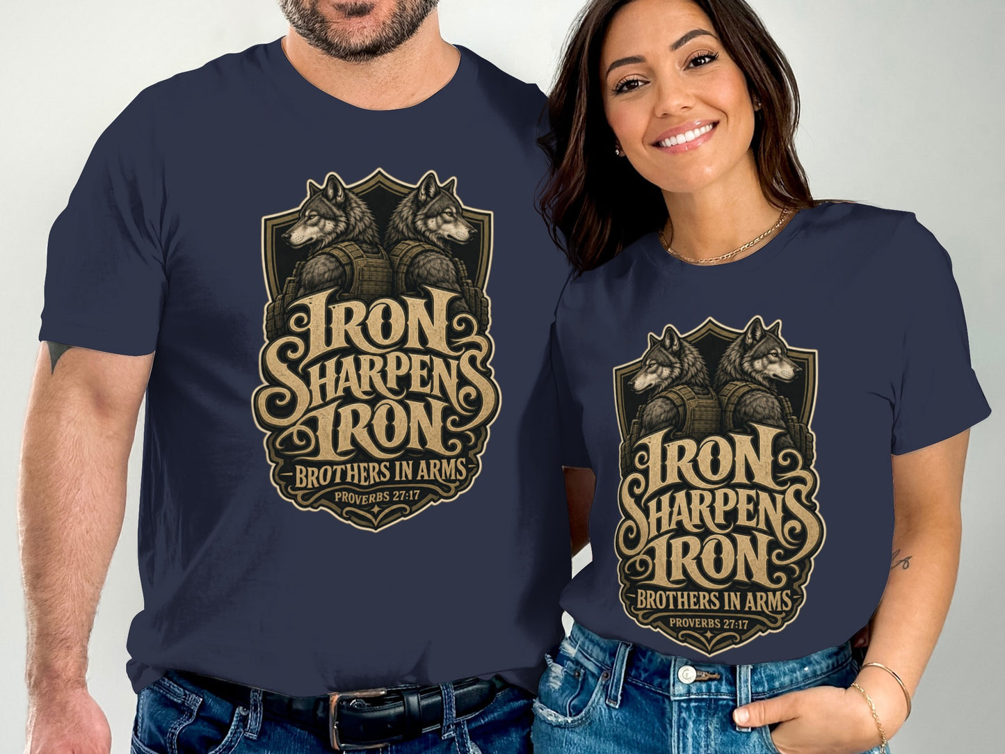 Navy t-shirts with wolves and "Iron Sharpens Iron" text.