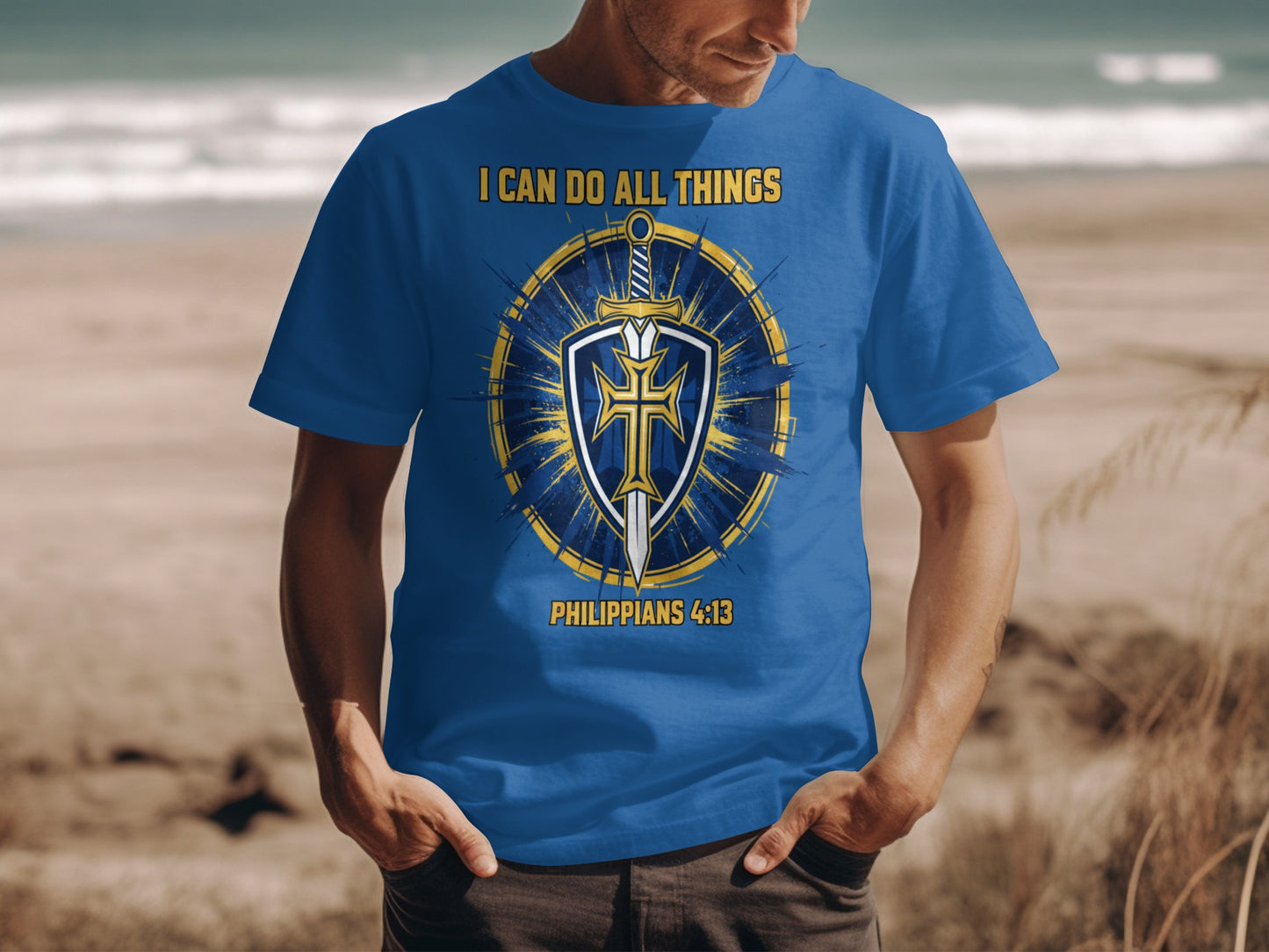 Blue t-shirt with "I CAN DO ALL THINGS" and shield with sword design.