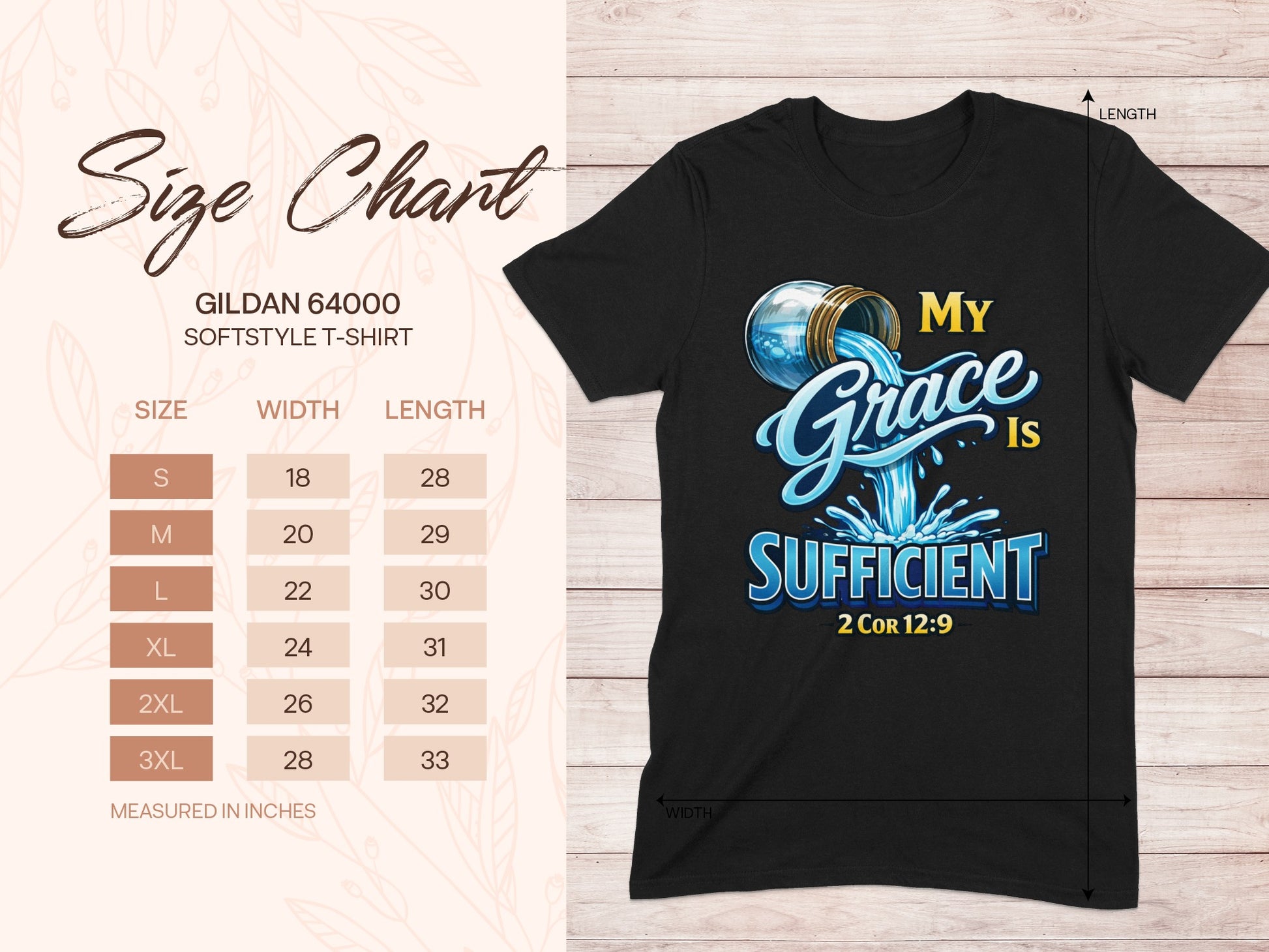 Gildan 64000 Softstyle t-shirt size chart with "My Grace Is Sufficient" graphic.