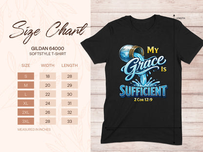 Gildan 64000 Softstyle t-shirt size chart with "My Grace Is Sufficient" graphic.