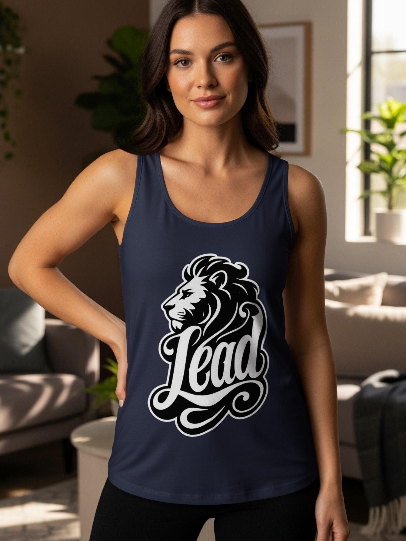 Navy tank top with white lion head and "Lead" text graphic.