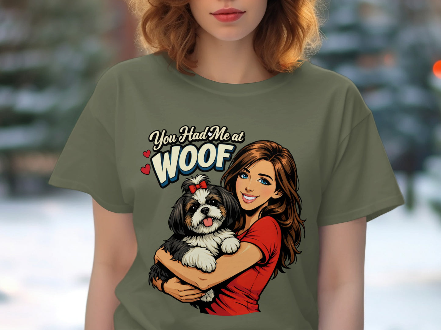 Woman holding dog with text "You Had Me at WOOF"