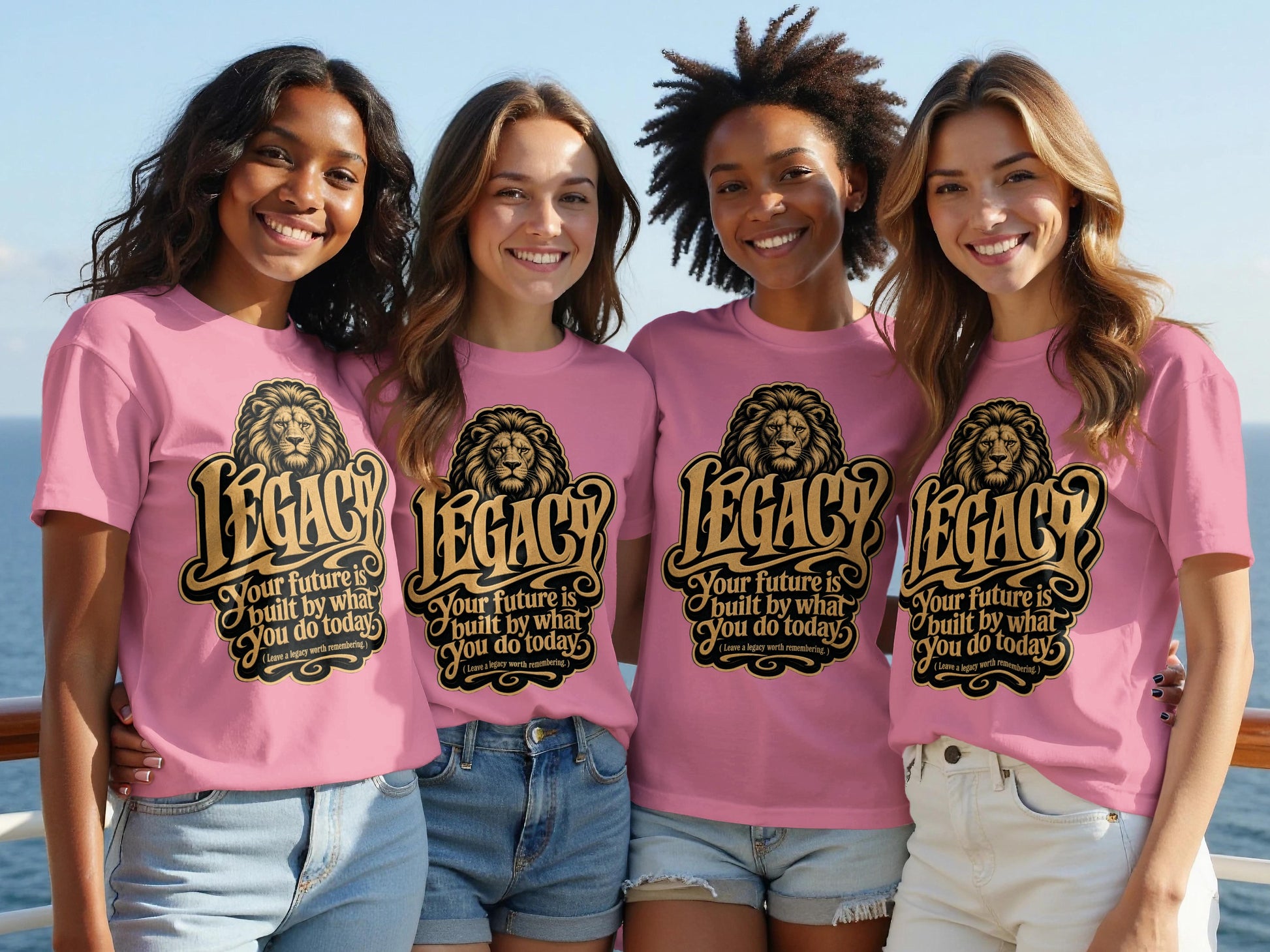 Four women wear pink t-shirts with a lion graphic and text, "LEGACY, Your future is built by what You do today."
