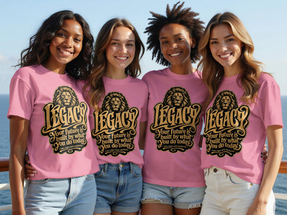 Four women wear pink t-shirts with a lion graphic and text, "LEGACY, Your future is built by what You do today."