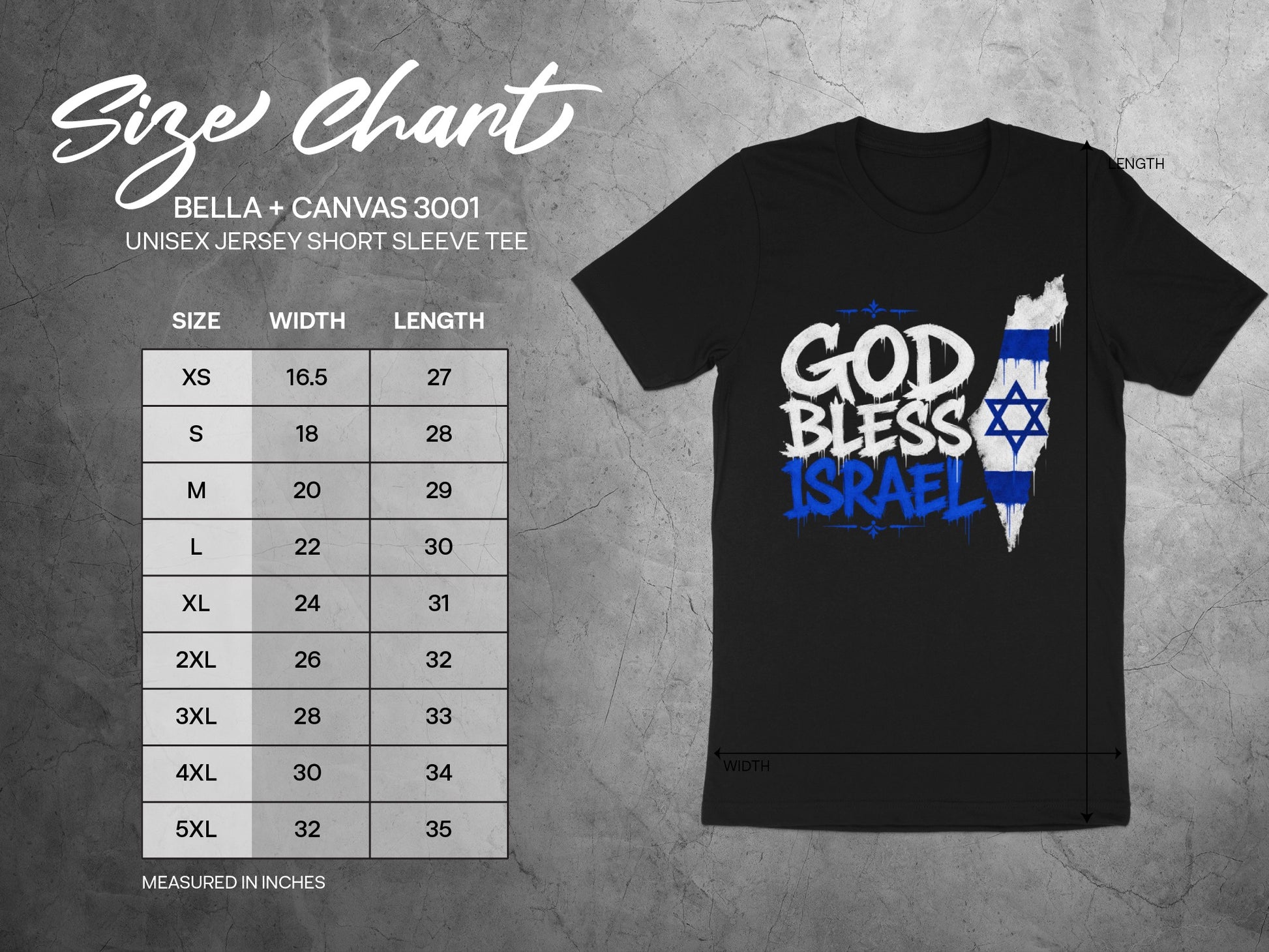 Size chart for Bella + Canvas 3001 unisex t-shirt with "God Bless Israel" graphic.