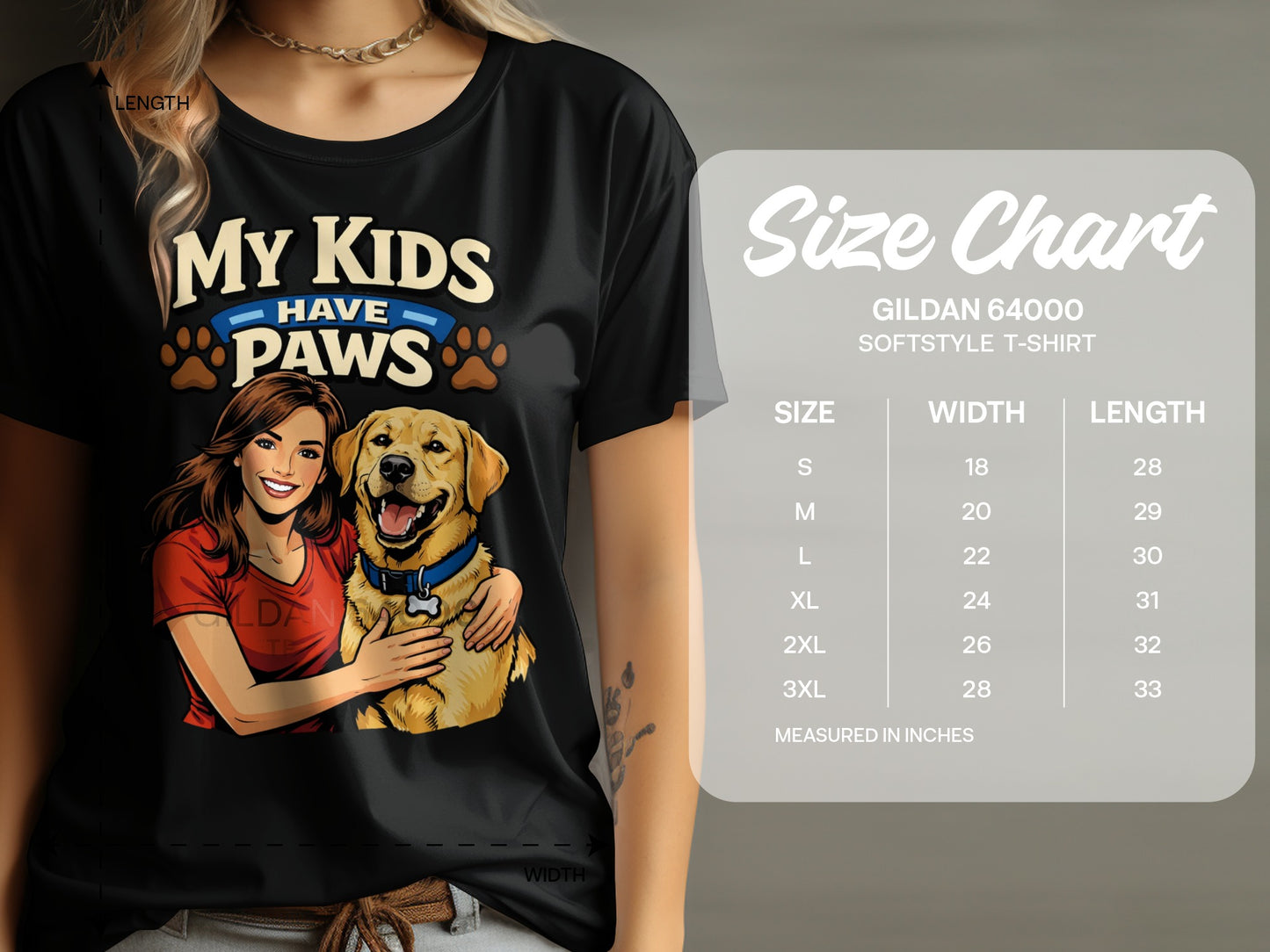 Black t-shirt with "My Kids Have Paws" graphic, dog, and size chart.