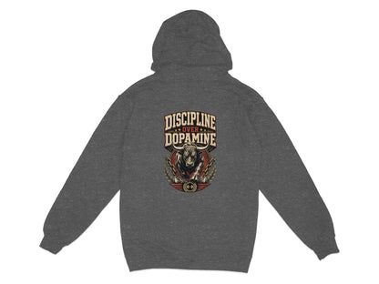 Dark grey hoodie with a bull and text that reads "DISCIPLINE OVER DOPAMINE."