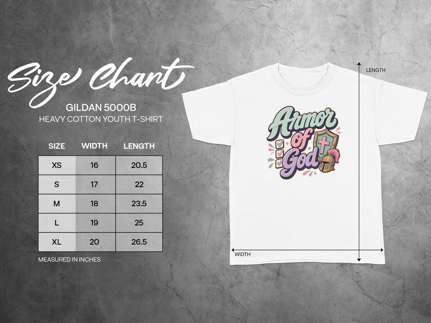 Gildan 5000B youth t-shirt size chart with measurements and "Armor of God" graphic.