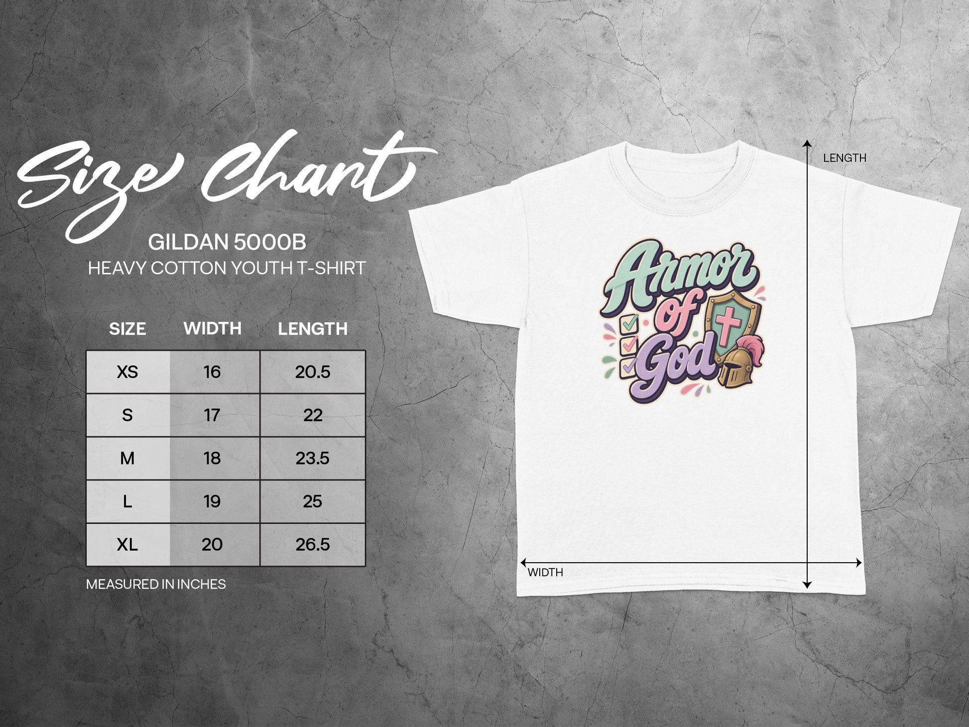 Gildan 5000B youth t-shirt size chart with measurements and "Armor of God" graphic.