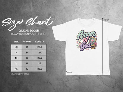 Gildan 5000B youth t-shirt size chart with measurements and "Armor of God" graphic.