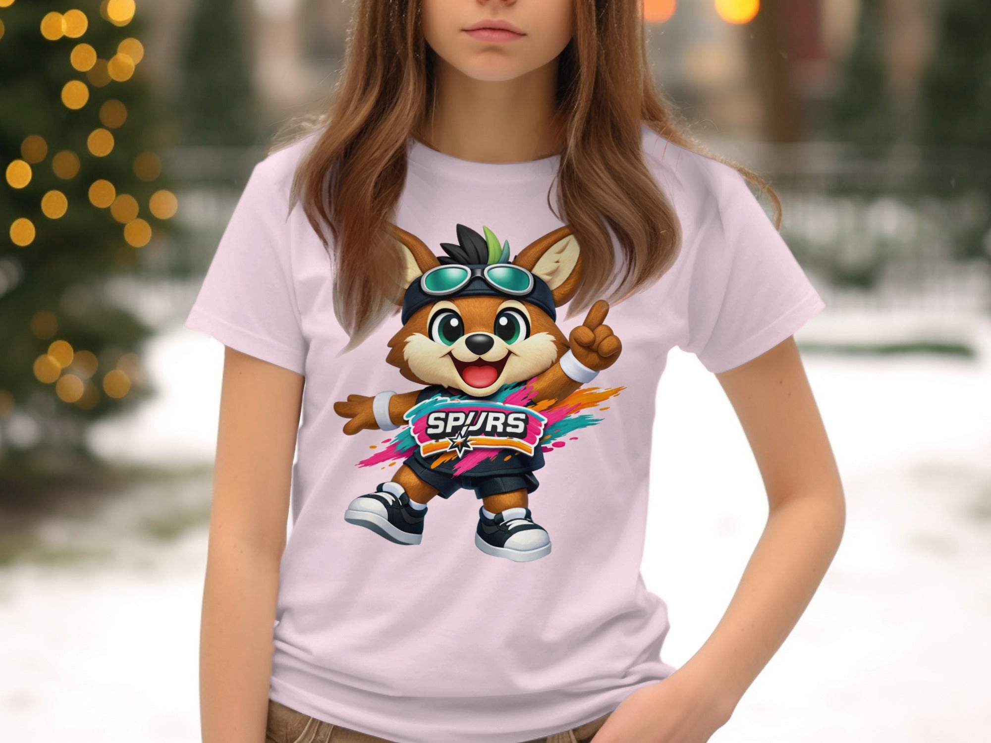 Cartoon fox mascot wearing Spurs jersey and goggles.