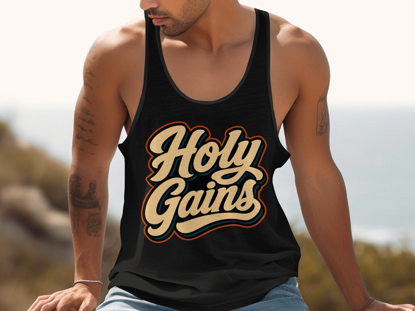 Black tank top with "Holy Gains" graphic in retro font.