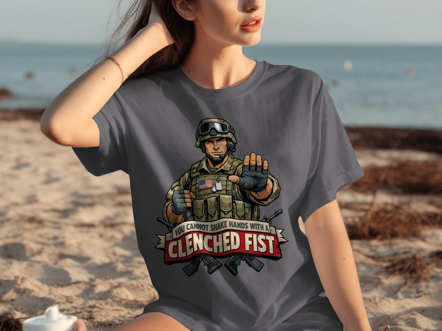 T-shirt with soldier graphic and text "You cannot shake hands with a clenched fist."