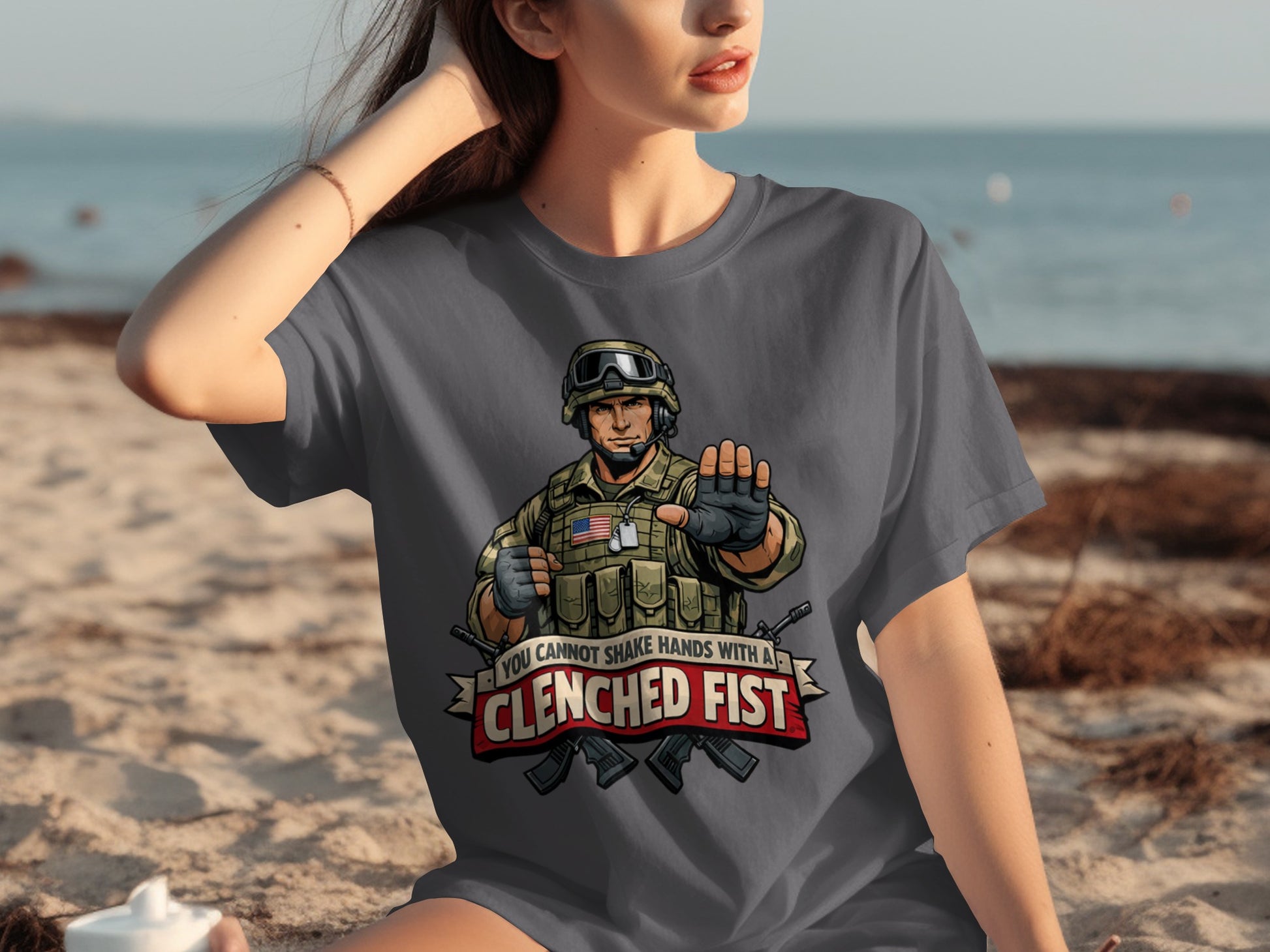 T-shirt with soldier graphic and text "You cannot shake hands with a clenched fist."