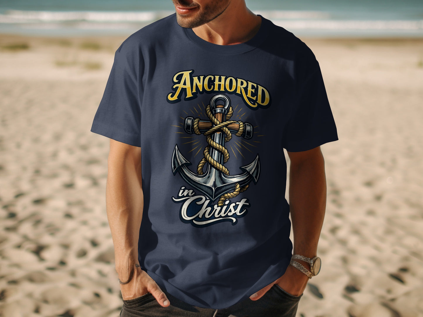Navy t-shirt with an anchor design and the text "Anchored in Christ."