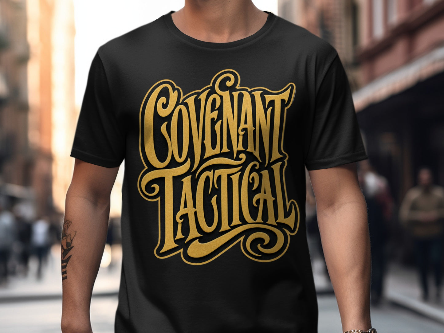 Black t-shirt with gold "COVENANT TACTICAL" lettering in a decorative font.