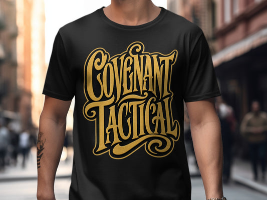 Black t-shirt with gold "COVENANT TACTICAL" lettering in a decorative font.