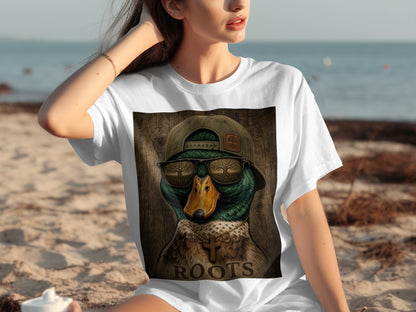 T-shirt with a duck wearing sunglasses and a cross necklace, text reads "ROOTS".
