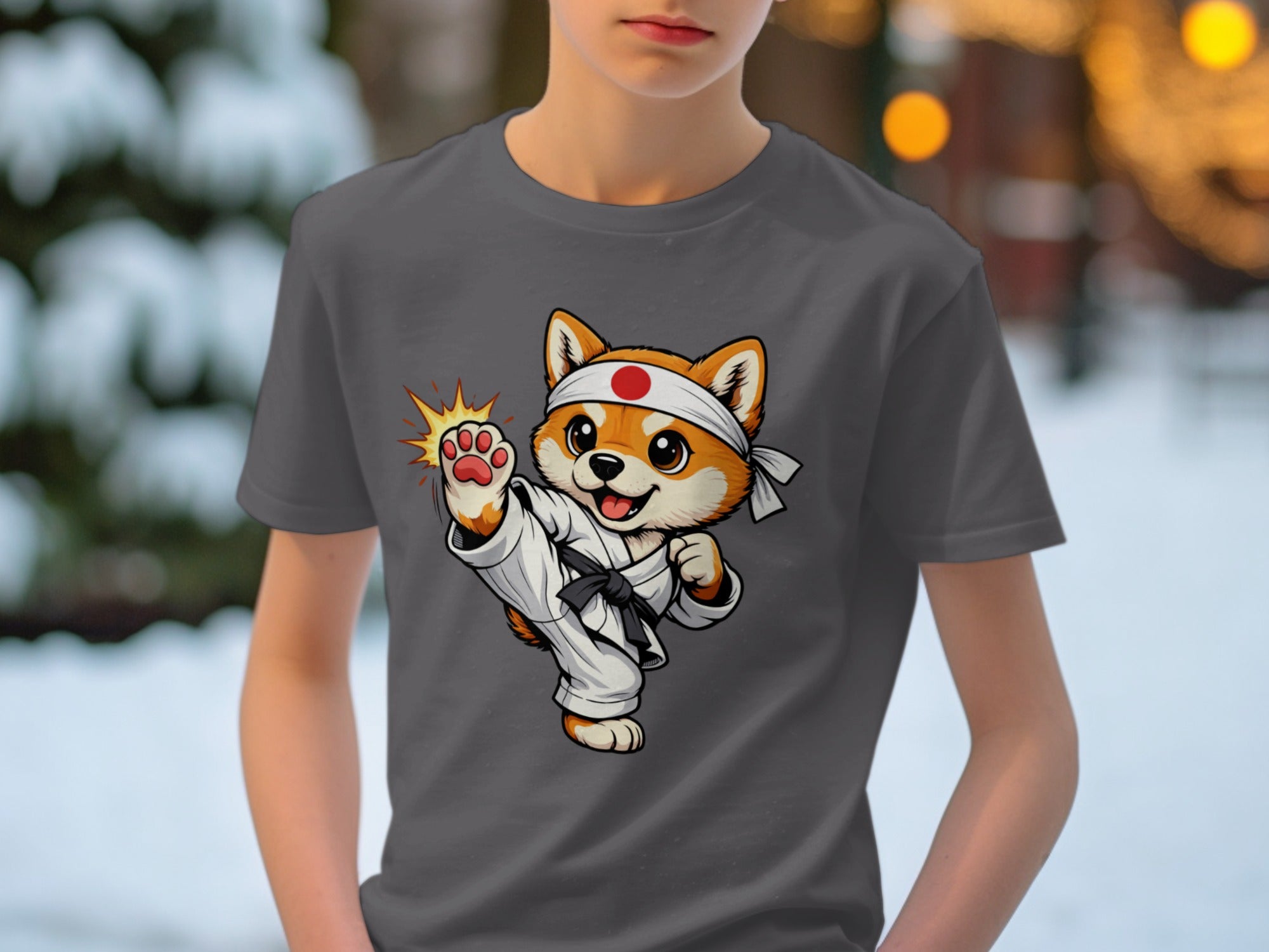Cute Shiba Inu dog in a martial arts gi performing a kick.