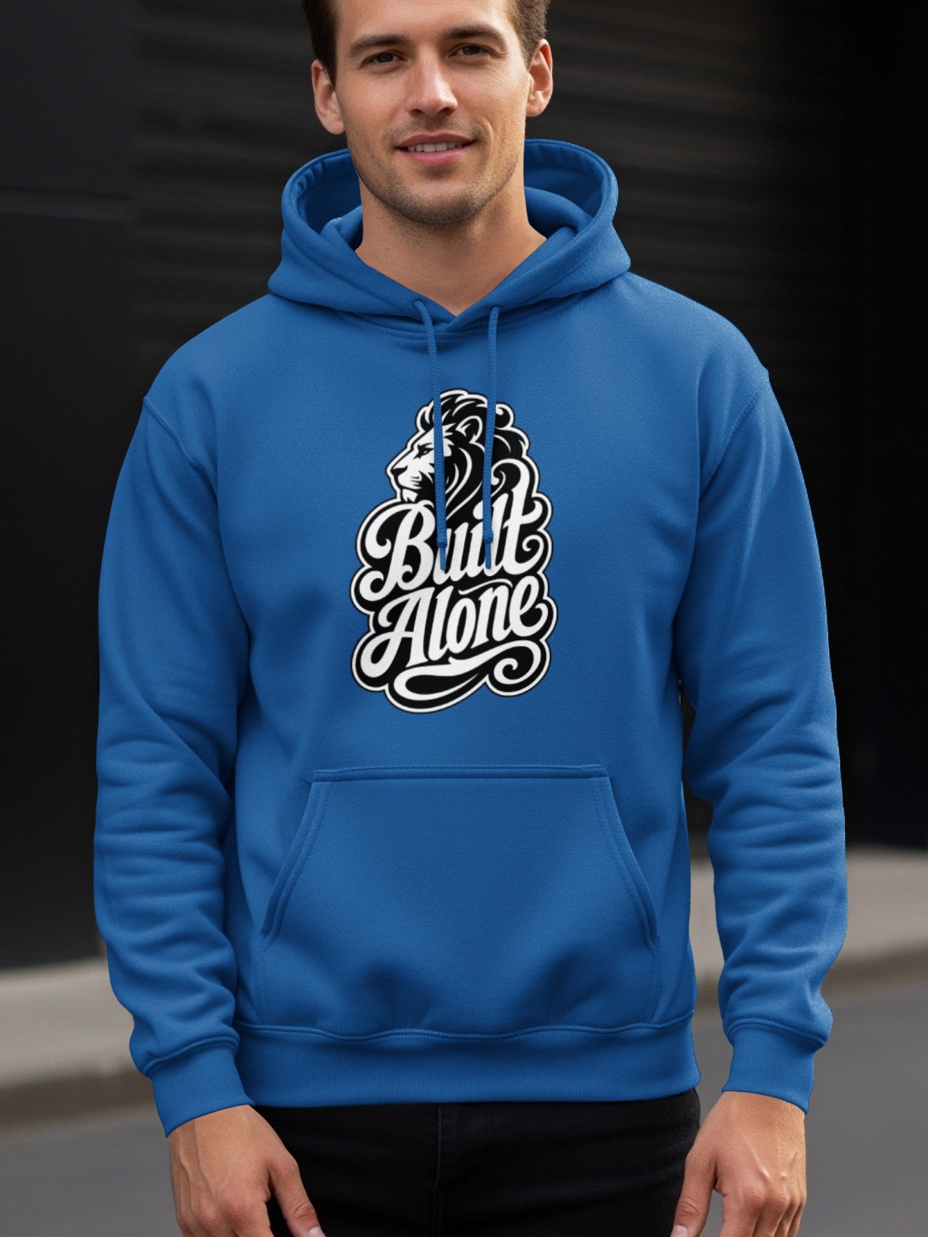 Blue hoodie with a black and white lion and "Built Alone" graphic on the chest.