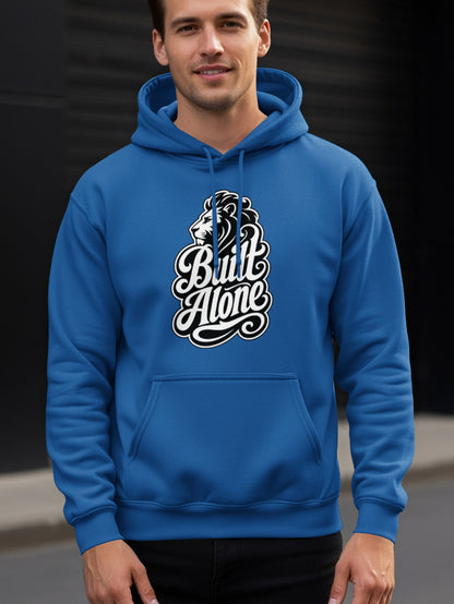 Blue hoodie with a black and white lion and "Built Alone" graphic on the chest.
