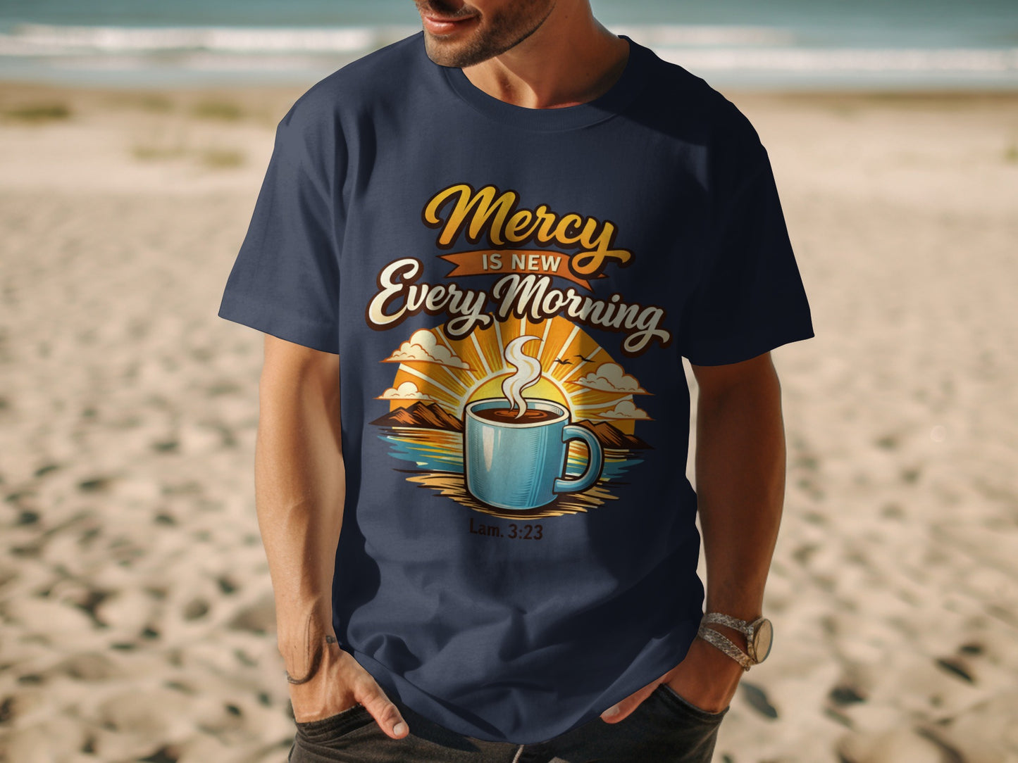 T-shirt with text "Mercy is New Every Morning" and a cup of coffee.