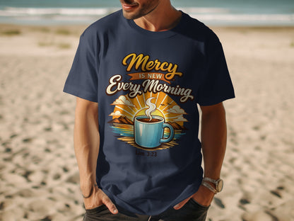 T-shirt with text "Mercy is New Every Morning" and a cup of coffee.