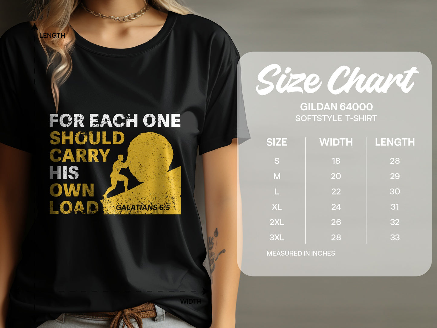 Black t-shirt with yellow text and graphic, and a GILDAN 64000 size chart.