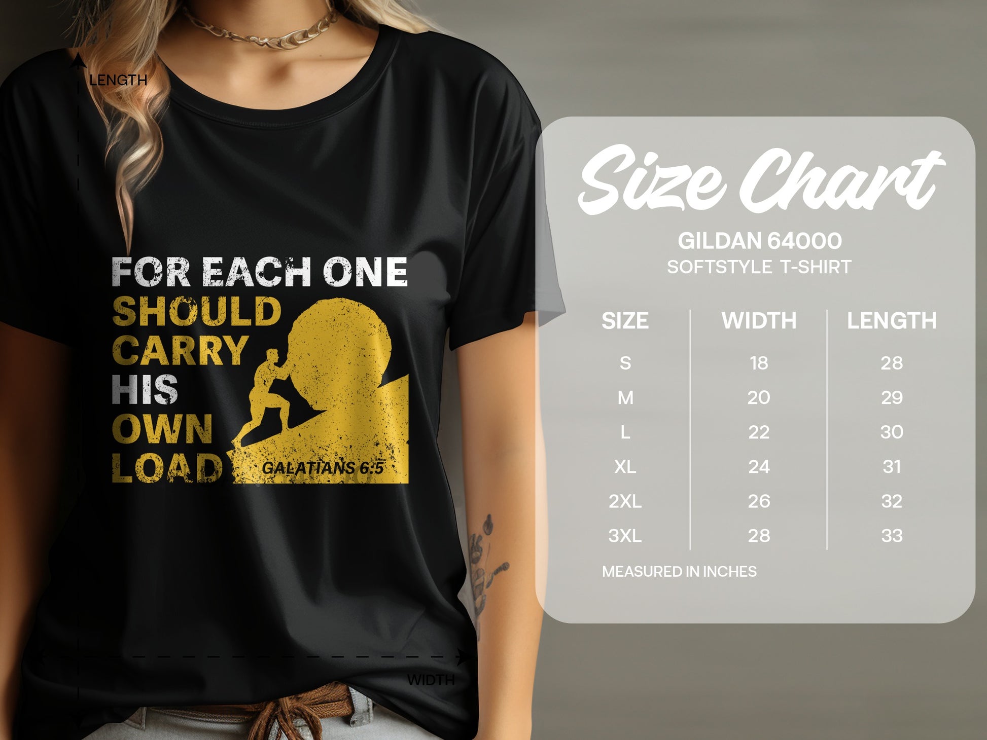 Black t-shirt with yellow text and graphic, and a GILDAN 64000 size chart.
