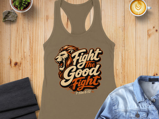 T-shirt with lion graphic and text "Fight the Good Fight 1 Tim 6:12".