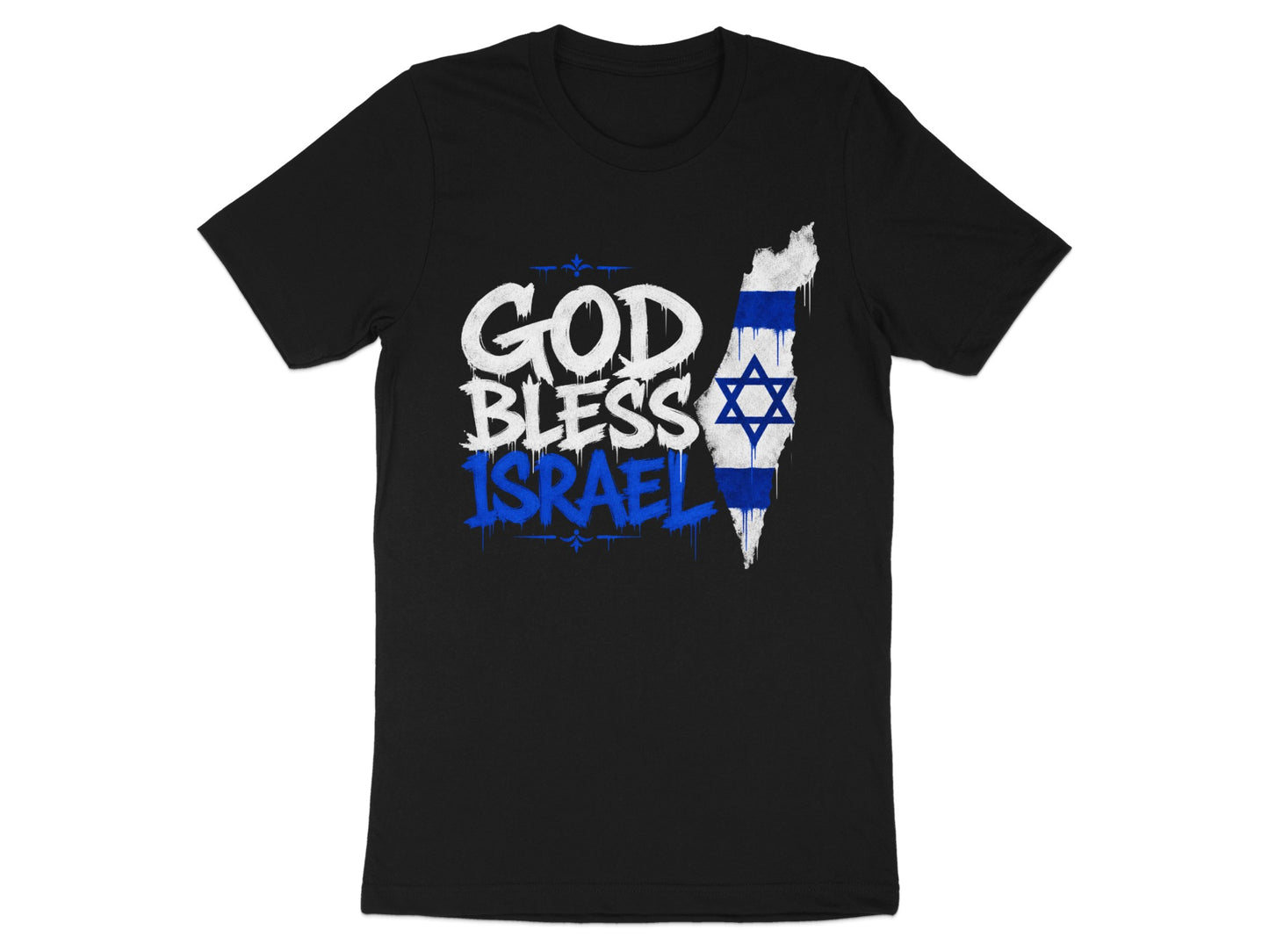 Black t-shirt with "GOD BLESS ISRAEL" text and Israeli flag map graphic.