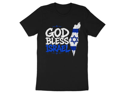 Black t-shirt with "GOD BLESS ISRAEL" text and Israeli flag map graphic.