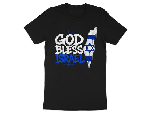 Black t-shirt with "GOD BLESS ISRAEL" text and Israeli flag map graphic.