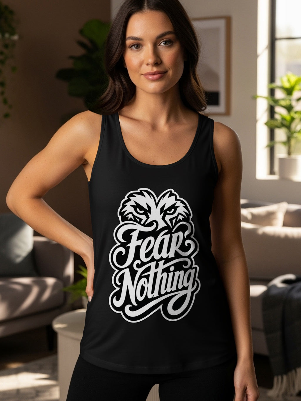Black tank top with white "Fear Nothing" text and eagle graphic.