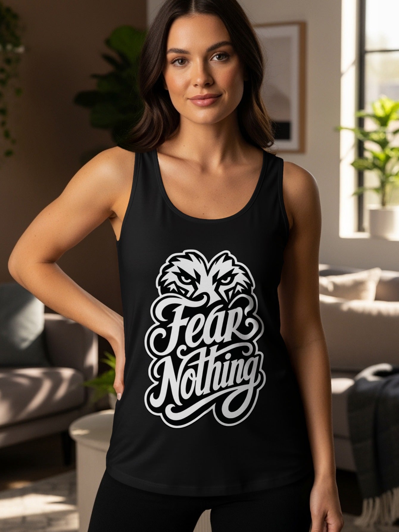 Black tank top with white "Fear Nothing" text and eagle graphic.